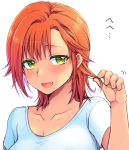  1girl :d blush breasts cleavage eroe fang genderswap genderswap_(mtf) green_eyes hair_tousle igarashi_kyou_(eroe) large_breasts medium_hair open_mouth orange_hair original shirt simple_background smile solo t-shirt upper_body white_background 