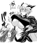  !? /\/\/\ 1girl anger_vein armor artoria_pendragon_(all) artoria_pendragon_(lancer_alter) assisted_exposure blush bouncing_breasts braid breasts greyscale horns huge_breasts kanno_takanori monochrome navel nose_blush short_hair sidelocks skindentation solo_focus sweatdrop taut_clothes under_boob 
