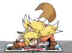  1girl all_fours animal_ears blonde_hair brown_gloves clenched_teeth dance_dance_revolution dance_pad ezo_red_fox_(kemono_friends) fox_ears fox_tail fur_trim gloves kemono_friends long_hair orange_eyes pleated_skirt seki_(red_shine) shadow skirt solo tail teeth white_background yellow_eyes 