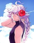  1boy braid closed_mouth clouds cloudy_sky fate/grand_order fate_(series) flower hair_flower hair_ornament hibiscus kihonsiii long_hair looking_at_viewer male_focus merlin_(fate/stay_night) purple_hair sky sleeveless smile solo upper_body violet_eyes 