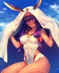 1girl animal_ears blue_sky blush breasts closed_mouth clouds dark_skin day earrings facial_mark fate/grand_order fate_(series) hoop_earrings jackal_ears jewelry long_hair looking_at_viewer medium_breasts moe_(hamhamham) nitocris_(fate/grand_order) nitocris_(swimsuit_assassin)_(fate) one-piece_swimsuit purple_hair sky smile solo swimsuit violet_eyes white_swimsuit 