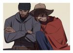  2boys 79357_(lyhlyhlyh) beanie brown_hair cowboy_hat crossed-arms hat hood hoodie male_focus mccree_(overwatch) multiple_boys overwatch poncho reaper_(overwatch) shoulder_rest sleeping 