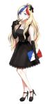  10s 1girl absurdres alternate_costume arm_at_side bag bangs belt black-framed_eyewear black_bow black_dress blonde_hair blue_eyes blue_hair bow breasts closed_mouth commandant_teste_(kantai_collection) dress earrings elbow_gloves evening_gown flag_print french_flag full_body gloves hair_bow hair_bun handbag high_heels highres holding holding_bag holding_sunglasses jewelry kantai_collection lace lace-trimmed_dress lips long_hair looking_at_viewer medium_breasts morinaga_(harumori) multicolored_hair necklace no_legwear pearl_necklace redhead simple_background smile solo standing sunglasses sunglasses_removed swept_bangs white_background white_hair 
