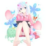  1girl barefoot blue_eyes blush bow closed_mouth collarbone eromanga_sensei eyebrows_visible_through_hair feet hair_bow heart izumi_sagiri long_hair looking_at_viewer miki_yuu pink_bow silver_hair soles solo stylus tablet toes 