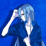  10s 1girl blue_hair collared_shirt hair_down kazanari_tsubasa long_hair looking_at_viewer looking_to_the_side milk_puppy parted_lips profile senki_zesshou_symphogear shirt solo 