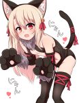  1girl :o animal_ears bangs bare_shoulders bell black_gloves black_legwear black_leotard blonde_hair cat_ears cat_tail chawan_(yultutari) commentary_request elbow_gloves eyebrows_visible_through_hair fang fate/kaleid_liner_prisma_illya fate_(series) flat_chest fur_collar gloves hair_bell hair_ornament hair_ribbon heart highres illyasviel_von_einzbern jingle_bell leaning_forward leotard long_hair looking_at_viewer navel open_mouth parted_bangs paw_gloves paws red_eyes red_ribbon ribbon simple_background solo tail tail_ribbon translation_request white_background 