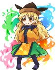  &gt;:) 1girl aura bangs black_hat blonde_hair boots closed_mouth constellation detached_sleeves doyagao full_body green_skirt hands_in_sleeves hat long_hair long_sleeves looking_at_viewer matara_okina orange_eyes pote_(ptkan) skirt standing tabard touhou undershirt wavy_hair wide_sleeves 