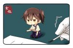  /\/\/\ 10s 1girl absurdres admiral_(kantai_collection) artist_name black_legwear blue_skirt blush brown_eyes brown_hair chibi commentary_request gloves hakama_skirt highres japanese_clothes kaga_(kantai_collection) kantai_collection minigirl paper pen seiza short_hair side_ponytail sitting skirt solo_focus taisa_(kari) tasuki white_gloves 