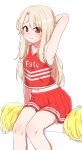  1girl 3: arm_behind_head arm_up armpits bangs bare_arms bare_shoulders blonde_hair blush chawan_(yultutari) cheerleader closed_mouth copyright_name eyebrows_visible_through_hair fate/stay_night fate_(series) feet_out_of_frame hand_behind_head highres illyasviel_von_einzbern legs long_hair looking_at_viewer midriff midriff_peek navel pleated_skirt pom_poms red_eyes red_skirt red_vest simple_background sitting skirt sleeveless solo vest wavy_mouth white_background 