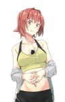  10s 1girl bare_shoulders blush breasts brown_eyes cleavage digital_media_player earphones highres ipod ipod_shuffle jacket jacket_removed kantai_collection kinu_(kantai_collection) midriff negahami redhead short_hair simple_background smile solo sports_bra 