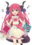  10s 1girl bag bangs bare_arms bare_shoulders beamed_semiquavers blue_eyes bow claws collarbone commentary_request copyright_name dragon_horns dress eyebrows_visible_through_hair fang fate/extra fate/extra_ccc fate/grand_order fate_(series) hair_ribbon heart highres holding_bag horns kirarin369 lancer_(fate/extra_ccc) long_hair looking_at_viewer musical_note one_leg_raised open_mouth pink_bow pink_hair pointy_ears quaver ribbon shoes shopping_bag simple_background sleeveless sleeveless_dress solo tail tail_bow tattoo white_background white_bow white_dress 