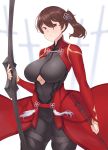  1girl archer archer_(cosplay) breasts brown_eyes brown_hair cleavage cleavage_cutout cosplay curvy fate_(series) franham highres kaga_(kantai_collection) kantai_collection large_breasts side_ponytail solo standing wide_hips 