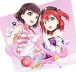  2girls bare_shoulders black_neckwear brown_hair candy character_name choker detached_sleeves eyebrows_visible_through_hair food furihata_ai green_eyes hat kurosawa_ruby lollipop looking_at_viewer love_live! love_live!_sunshine!! multiple_girls open_mouth pencil redhead short_hair short_twintails surfing_orange twintails violet_eyes 