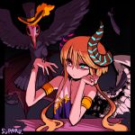  1boy angel_wings armlet bird bird_on_arm black_border blonde_hair border chin_rest crow curled_horns demon_wings dragon_poker earrings feathers hat heterochromia jewelry looking_at_another mask neon_trim pink_liquid short_hair_with_long_locks suparu_(detteiu) toga top_hat trap wings 