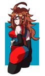  1girl absurdres ahoge android_21 ass bare_shoulders big_hair black-framed_eyewear black_legwear blue_eyes breasts brown_hair checkered checkered_dress cropped_legs curly_hair dragon_ball dragon_ball_fighterz dress earrings female from_behind glasses hand_on_hip highres hips huge_ahoge jewelry lips long_hair looking_back makai medium_breasts messy_hair multicolored_clothes multicolored_dress pantyhose puckered_lips short_dress solo 