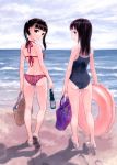  2girls :o absurdres ass bag bangs bare_legs beach bikini black_eyes black_hair blue_swimsuit blunt_bangs breasts clouds cloudy_sky day footprints fujita_hidetoshi halter_top halterneck handbag highres horizon innertube long_hair looking_at_viewer looking_back multiple_girls new_school_swimsuit original outdoors parted_lips plaid plaid_bikini profile sand scan school_swimsuit sky small_breasts standing standing_on_one_leg swimsuit twintails twisted_neck 