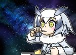  1girl eating fur_collar head_wings kemono_friends multicolored_hair northern_white-faced_owl_(kemono_friends) plate seki_(red_shine) short_hair silver_hair solo space tiramisu utensil white_hair wide-eyed yellow_eyes 