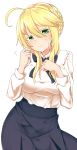  1girl ahoge artoria_pendragon_(all) artoria_pendragon_(lancer) blonde_hair blue_ribbon blue_skirt blush braid breasts chawan_(yultutari) commentary_request contrapposto cosplay eyebrows_visible_through_hair eyes_visible_through_hair fate/grand_order fate/stay_night fate_(series) flying_sweatdrops green_eyes hair_between_eyes head_tilt highres large_breasts long_hair long_sleeves looking_at_viewer neck_ribbon ribbon saber saber_(cosplay) shirt simple_background skirt solo standing sweat white_background white_shirt 