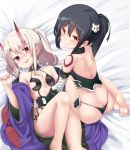  2girls ass assassin_of_black assassin_of_black_(cosplay) bandage bandaged_arm bare_back barefoot black_gloves black_hair black_panties blush breasts cosplay fate/apocrypha fate/grand_order fate/kaleid_liner_prisma_illya fate_(series) fingerless_gloves gloves horns illyasviel_von_einzbern japanese_clothes kimono looking_at_viewer lying miyu_edelfelt multiple_girls noa_(nagareboshi) on_back oni_horns open_mouth panties ponytail red_eyes short_hair shuten_douji_(fate/grand_order) shuten_douji_(fate/grand_order)_(cosplay) small_breasts smile tattoo underwear white_hair yellow_eyes 