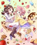  +_+ 2girls animal_ears artist_name bare_shoulders blue_eyes blueberry blurry blush blush_stickers boots brown_eyes brown_footwear cake candy cherry collaboration cookie cross-laced_footwear cupcake depth_of_field dog_ears dog_tail doughnut eyebrows_visible_through_hair food frilled_boots frilled_skirt frills fruit full_body gradient gradient_background hair_ornament hairclip hand_on_own_cheek head_tilt heart_cutout highres holding holding_food hyanna-natsu ice_cream icing knee_boots lace-up_boots leg_warmers lollipop long_sleeves macaron multiple_girls off_shoulder original pantyhose pantyhose_under_shorts pink_hair pink_shoes polka_dot polka_dot_background popsicle pudding purple_skirt shoes short_shorts shorts skirt slice_of_cake sp-nova sparkling_eyes star star_hair_ornament strawberry sweater tail tareme turtleneck turtleneck_sweater upper_teeth white_legwear white_sweater yellow_shorts 