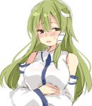  1girl bangs blush breasts detached_sleeves eyebrows_visible_through_hair frog_hair_ornament green_eyes green_hair hair_between_eyes hair_ornament hair_tubes kochiya_sanae long_hair long_sleeves looking_to_the_side medium_breasts open_mouth paragasu_(parags112) sidelocks simple_background solo sweat touhou upper_body white_background 
