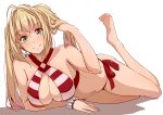  1girl bare_shoulders barefoot bikini blonde_hair blush bracelet breasts closed_mouth earrings fate/grand_order fate_(series) green_eyes jewelry large_breasts long_hair looking_at_viewer lying navel nero_claudius_(swimsuit_caster)_(fate) saber_extra smile solo striped striped_bikini swimsuit tokiwa_midori_(kyokutou_funamushi) twintails white_background 