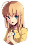  1girl ahoge artoria_pendragon_(all) bangs blue_ribbon boa_(brianoa) eyebrows_visible_through_hair fate/stay_night fate_(series) green_eyes hands_clasped hands_together highres interlocked_fingers long_hair looking_at_viewer neck_ribbon parted_lips ribbon saber shirt short_sleeves simple_background smile solo white_background yellow_shirt 
