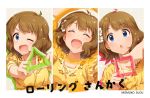  1girl blue_eyes blush brown_hair character_name flower hair_flower hair_ornament idolmaster idolmaster_million_live! looking_at_viewer open_mouth shapes short_hair smile square suou_momoko translated triangle zattape 