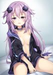  1girl 3.14 adult_neptune bed choker d-pad drooling hair_ornament highres hood jacket long_hair looking_at_viewer navel neptune_(series) open_clothes open_mouth purple_hair shin_jigen_game_neptune_vii solo undressing violet_eyes 
