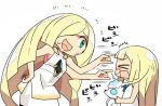  &gt;_&lt; /\/\/\ 2girls blonde_hair blush green_eyes hair_over_one_eye hand_on_hip kanikama lillie_(pokemon) long_hair looking_at_another lusamine_(pokemon) mother_and_daughter multiple_girls open_mouth pokemon pokemon_(creature) pokemon_(game) pokemon_sm simple_background sleeveless white_background 