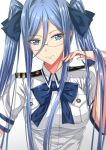  1girl aoki_hagane_no_arpeggio bespectacled blue_eyes blue_hair blue_ribbon breast_pocket breasts glasses hair_between_eyes highres long_hair looking_at_viewer luzi medium_breasts military military_uniform mole mole_under_mouth naval_uniform pocket ribbon simple_background smile solo takao_(aoki_hagane_no_arpeggio) twintails uniform upper_body white_background 