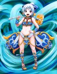  1girl :d armor bangs bare_shoulders bikini_armor blue blue_armor blue_background blue_footwear blue_hair blue_neckwear blue_ribbon blush bracer breasts choker crop_top facing_viewer flat_chest full_body greaves groin hair_ribbon hammer hand_on_hip happy high_ponytail highres holding holding_hammer holding_weapon legs_apart loincloth long_hair looking_at_viewer meru_(dragoon) midriff navel o-ring o-ring_top open_mouth over_shoulder raised_eyebrows red_eyes ribbon risutokuri shoes showgirl_skirt sidelocks slippers small_breasts smile solo standing tareme tassel teeth the_legend_of_dragoon tongue weapon weapon_over_shoulder 