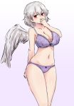  1girl arm_behind_back bangs bare_arms black_bra blush bow bow_bra bow_panties bra breasts cleavage covering_mouth cowboy_shot eyebrows_visible_through_hair forneus_0 gradient gradient_background grey_wings hair_between_eyes hand_up highres kishin_sagume large_breasts looking_at_viewer multicolored multicolored_background navel panties purple_bra red_eyes short_hair silver_hair single_wing solo touhou two-tone_background underwear underwear_only wings 