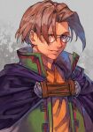  1boy black_cape blue_eyes brown_hair cape glasses green_jacket grey_background grin hankuri high_collar jacket lezard_valeth looking_at_viewer male_focus orange_shirt shirt short_hair smile solo upper_body valkyrie_profile 