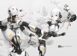  1boy 1girl android black_sclera cable damaged dent kicking original parts_exposed pistons red_eyes robot robot_joints short_hair simple_background tafuu_(tortafu) white_hair 