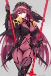  1girl bodysuit closed_mouth covered_navel fate/grand_order fate_(series) grey_background hisame-mao-kzok holding holding_weapon long_hair looking_to_the_side medium_sleeves polearm purple_hair red_eyes scathach_(fate/grand_order) simple_background smile solo standing twitter_username veil very_long_hair weapon 
