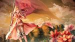  1girl blonde_hair blush breasts character_request closed_mouth clouds cloudy_sky final_fantasy final_fantasy_xiv flag flower green_eyes highres long_hair looking_at_viewer medium_breasts navel saraki sky solo 