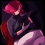  1girl chair coat_over_shoulder cross cross_necklace dark dragon_poker eyelashes gloves hair_over_one_eye hat holding holding_hat indoors jewelry legs_crossed looking_at_viewer necklace pants red_eyes redhead shadow signature sitting solo suparu_(detteiu) turtleneck white_gloves 