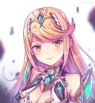  1girl armor blonde_hair breasts cleavage dress gloves mythra_(xenoblade) large_breasts long_hair looking_at_viewer simple_background smile solo xenoblade_(series) xenoblade_2 yellow_eyes zhandou_greymon 