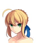  1girl ahoge artoria_pendragon_(all) bangs blonde_hair blue_ribbon boa_(brianoa) bow braid collarbone colored commentary eyebrows_visible_through_hair fate/stay_night fate_(series) green_eyes hair_between_eyes hair_bun hair_ribbon highres looking_at_viewer nude parted_lips portrait ribbon saber short_hair solo transparent_background 