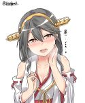  10s 1girl absurdres bare_shoulders breasts brown_eyes cleavage grey_hair haruna_(kantai_collection) heart_in_eye highres kantai_collection nontraditional_miko open_mouth simple_background sweat sweatdrop twitter_username white_background 
