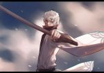  1boy 79357_(lyhlyhlyh) gintama holding holding_weapon japanese_clothes male_focus outstretched_arm petals red_eyes sakata_gintoki solo sword weapon wooden_sword 