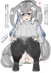 1girl :d anchor_hair_ornament bangs black_legwear blowhole blue-framed_eyewear blue_eyes blue_hair blue_whale_(kemono_friends) blush breasts character_name eyebrows_visible_through_hair facing_viewer glasses grey_hair grey_sweater hair_between_eyes hair_ornament heart highres japari_symbol kemono_friends large_breasts lips long_hair looking_at_viewer multicolored_hair open_mouth panties pantyshot pantyshot_(squatting) pink_lips raised_eyebrows sasanoha_toro semi-rimless_glasses simple_background smile solo squatting sweater tail talking teeth thigh-highs tongue translation_request turtleneck turtleneck_sweater twitter_username under-rim_glasses underwear white_background white_hair white_panties zettai_ryouiki