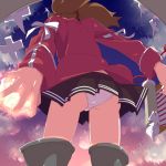  10s 1girl arms_at_sides ass boots brown_hair clouds cloudy_sky from_behind highres kantai_collection knee_boots manabebebe panties pantyshot pleated_skirt ryuujou_(kantai_collection) scroll shikigami skirt sky solo twintails underwear upskirt visor_cap 