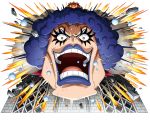  1boy blue_lips bodskih crown emporio_ivankov lipstick looking_at_viewer makeup mini_crown one_piece open_mouth purple_hair solo 