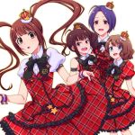  4girls :d :o ahoge armband black_bow blue_eyes bow brown_eyes brown_hair character_request crown dress highres idolmaster idolmaster_million_live! idolmaster_million_live!_theater_days long_hair looking_at_another looking_at_viewer mogemoge00 multiple_girls open_mouth plaid plaid_dress ponytail purple_hair short_hair skirt_hold smile standing twintails unmoving_pattern 