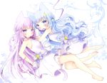  2girls animal_ears bangs bare_arms barefoot blue_eyes blue_hair blush bow braid breasts cat_ears cat_girl cat_tail commentary_request dress eyebrows_visible_through_hair from_side grey_bow grey_dress highres kneeling lace lace-trimmed_dress long_hair looking_at_viewer looking_to_the_side mouth_hold multiple_girls original pink_ribbon print_bow purple_hair purple_ribbon reclining ribbon ribbon_in_mouth sleeveless sleeveless_dress small_breasts star star_print tail tareme tsukiyo_(skymint) very_long_hair violet_eyes white_background 