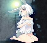  1girl animal_ears bare_shoulders bunny_tail food hisato_ar kneeling mouth_hold off_shoulder original rabbit_ears red_eyes short_hair shorts solo tail tsukimi wagashi 