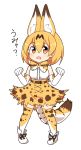  1girl :d animal_ears bare_shoulders blush boots bow bowtie breasts chawan_(yultutari) dot_nose elbow_gloves eyebrows_visible_through_hair full_body gloves hair_between_eyes highres kemono_friends looking_at_viewer medium_breasts open_mouth orange_bow orange_bowtie orange_eyes orange_hair orange_legwear orange_skirt paw_pose serval_(kemono_friends) serval_ears serval_print serval_tail shirt short_hair simple_background skirt smile solo standing tail thigh-highs translated white_background white_boots white_shirt 