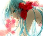  1girl alternate_hairstyle armpits bare_shoulders blue_eyes blue_hair close-up crying crying_with_eyes_open expressionless eyelashes face flower g.g.lemon hands_together hatsune_miku long_hair looking_away pink_flower pink_rose red_flower red_rose rose shaded_face simple_background solo_focus tears upper_body vocaloid white_background 